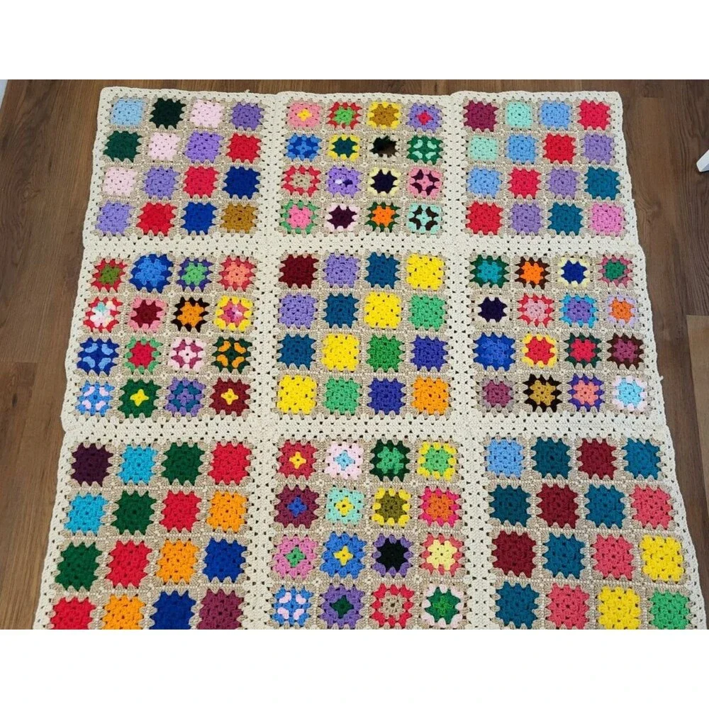 Handmade Crochet Granny Square Afghan Throw Blanket Multicolor 45x47 Cottage